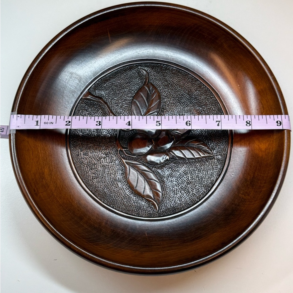 Vintage Folk Art Japanese Mid Century Intricate Laquared Hand Carved Wood Plate - Picture 8 of 12
